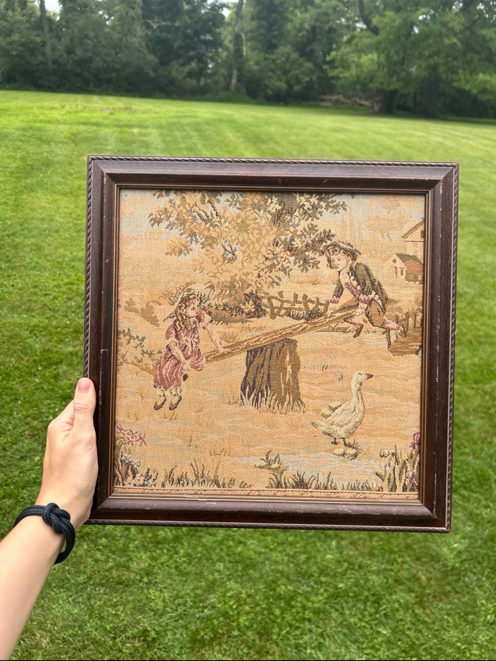 Vintage Framed European Pastoral Tapestry – Cottage/Farm Scene